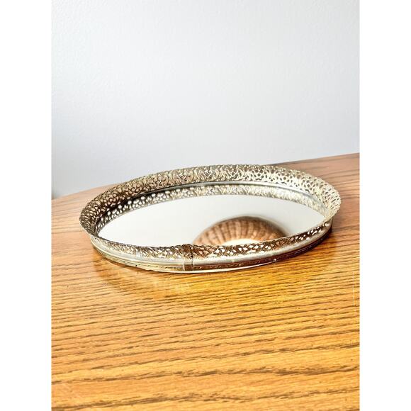 Vintage Brass Floral Filigree Mirrored Vanity Tray: Art Nouveau Organizer - Picture 2 of 6